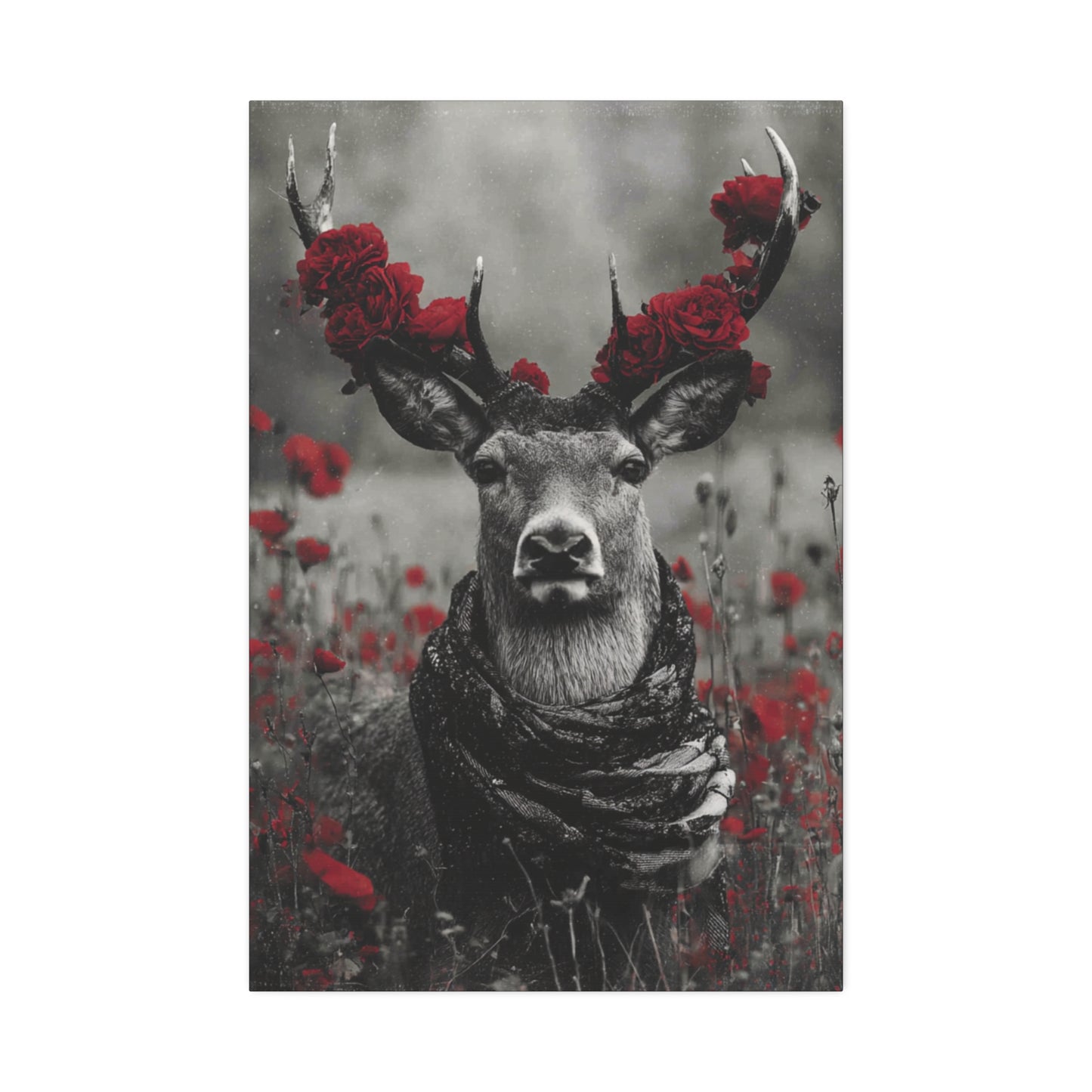 Crowned in Crimson – Regal Wildlife Canvas Art with Red Floral Crown