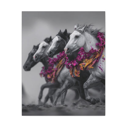 Fuchsia Fury-Running Horse Wall Art Print, Boho Floral Horse Herd Canvas, Pink Wild Horse Decor, Western Artwork