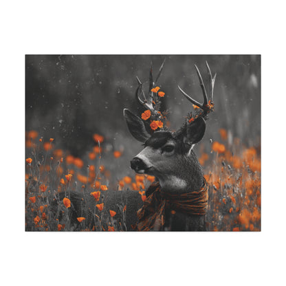 Orange Crush – Black and White Deer Canvas Wall Art with Poppy Flower Color Pop