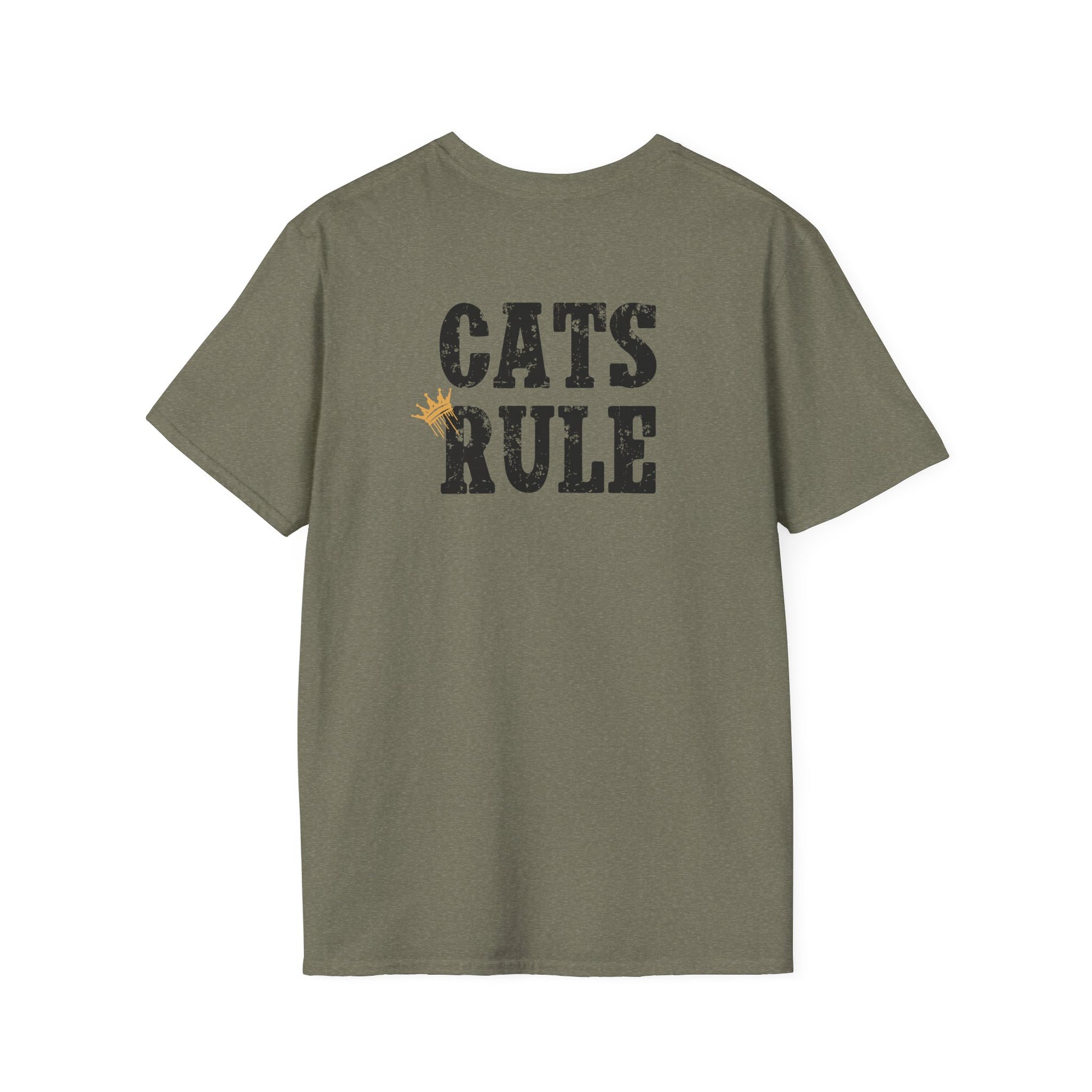 Green t-shirt with 'CATS RULE' text on the back against a white background