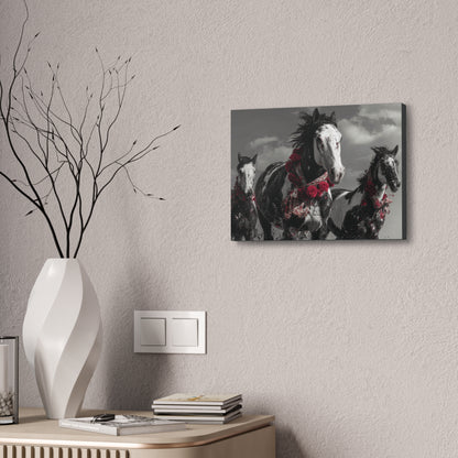 Crimson Stampede-Boho Running Horse Wall Art Print, Floral Horse Trio Canvas, Black and White Western Horse Decor