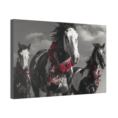 Crimson Stampede-Boho Running Horse Wall Art Print, Floral Horse Trio Canvas, Black and White Western Horse Decor