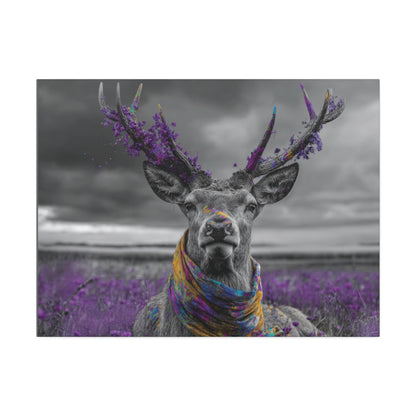 Crowned in Violet – Black & White Deer Canvas Wall Art with Purple Wildflowers & Boho Scarf | Mystical Woodland Wildlife Print | Nature-Inspired Home Decor