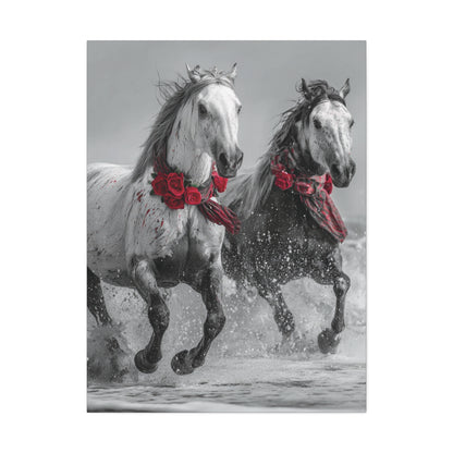 Crimson Tide Run-Running Horse Wall Art Print, Horse Pair Canvas, Floral Beach Horse Decor, Black and White Western Artwork