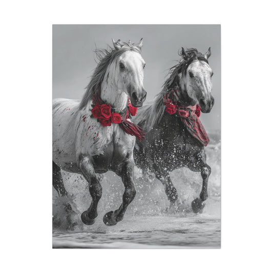 Crimson Tide Run-Running Horse Wall Art Print, Horse Pair Canvas, Floral Beach Horse Decor, Black and White Western Artwork