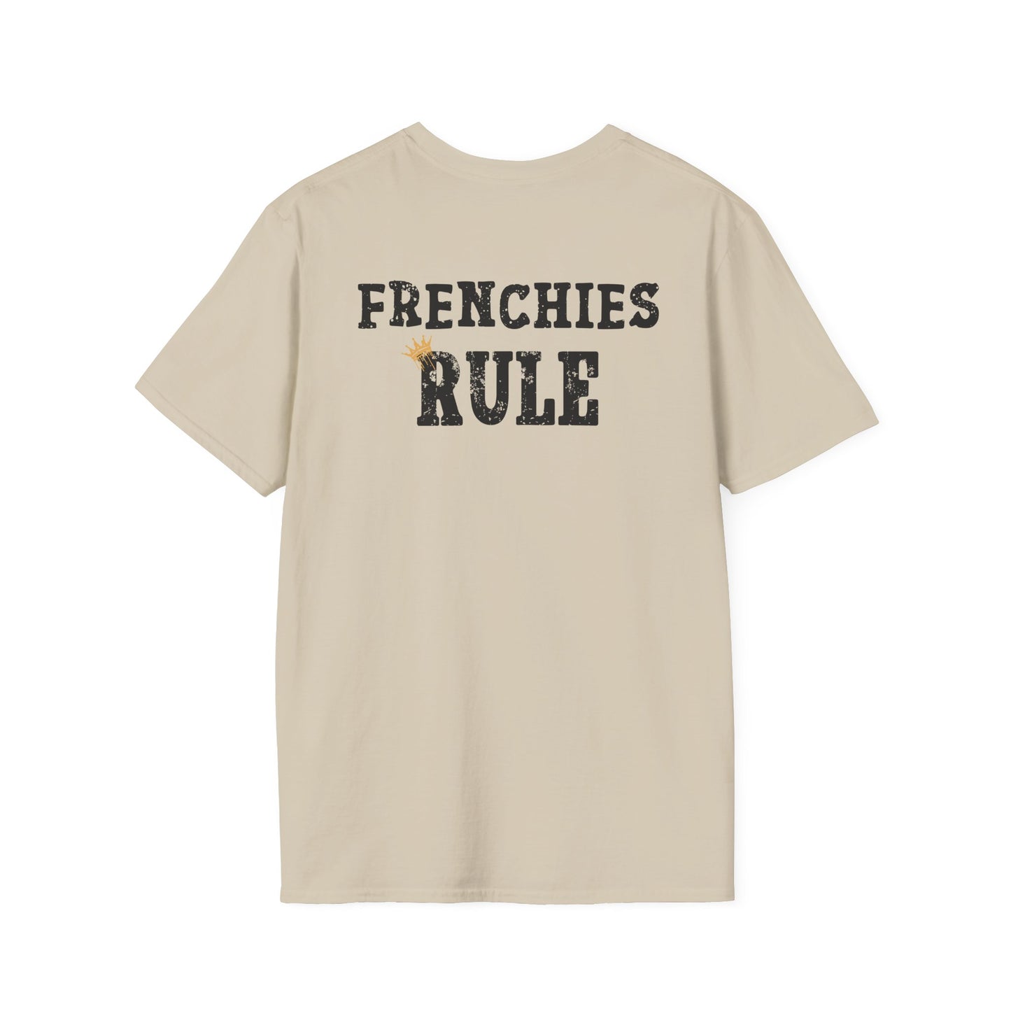 Beige t-shirt with 'FRENCHIES RULE' text on the back against a white background