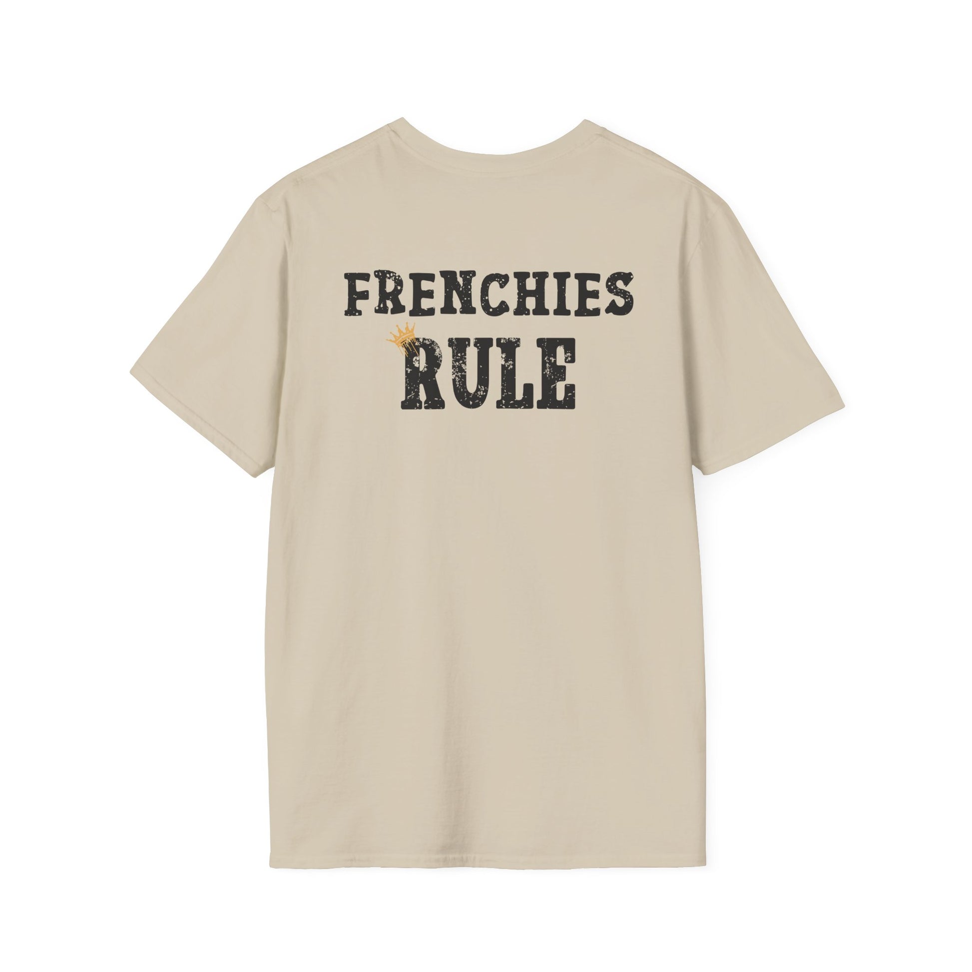Beige t-shirt with 'FRENCHIES RULE' text on the back against a white background
