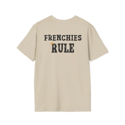 Beige t-shirt with 'FRENCHIES RULE' text on the back against a white background