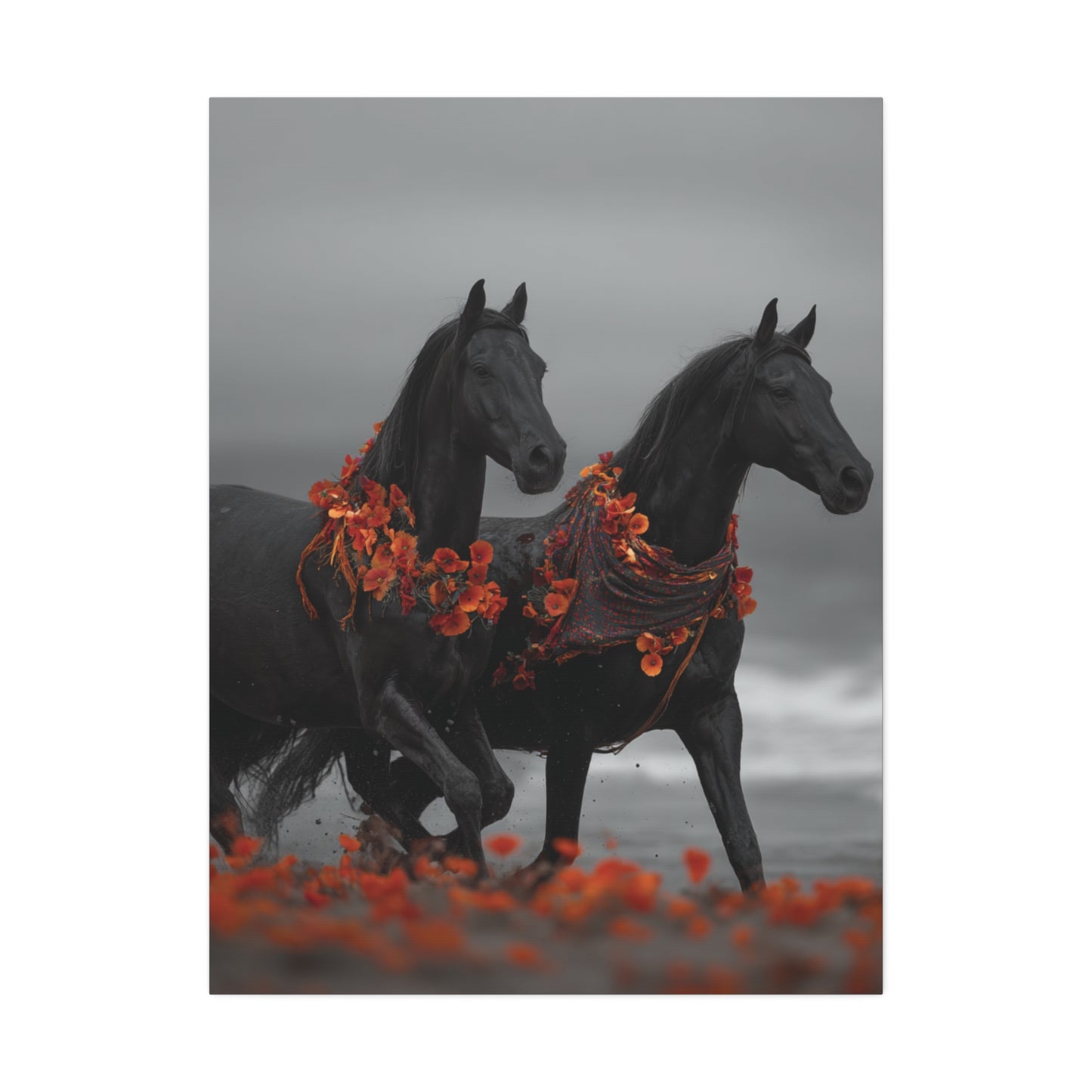 Autumn Noir-Black Horse Wall Art Print, Running Horse Pair Canvas, Floral Boho Horse Decor, Western Animal Artwork