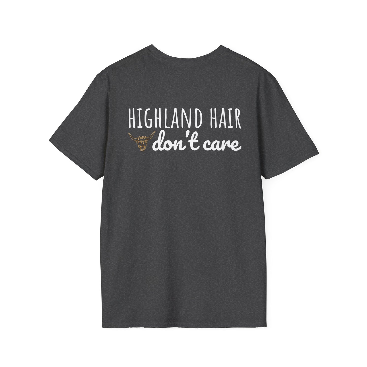 Highland Hair, Don't Care T-Shirt Highland Cow Vibrant Tee/Crowned and Connected Collection
