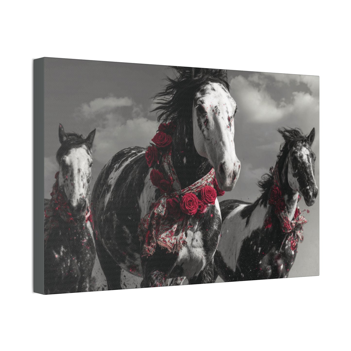 Crimson Stampede-Boho Running Horse Wall Art Print, Floral Horse Trio Canvas, Black and White Western Horse Decor