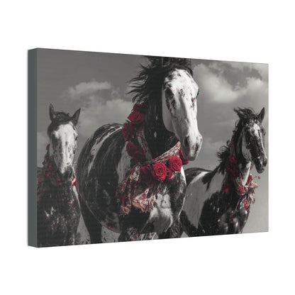 Crimson Stampede-Boho Running Horse Wall Art Print, Floral Horse Trio Canvas, Black and White Western Horse Decor