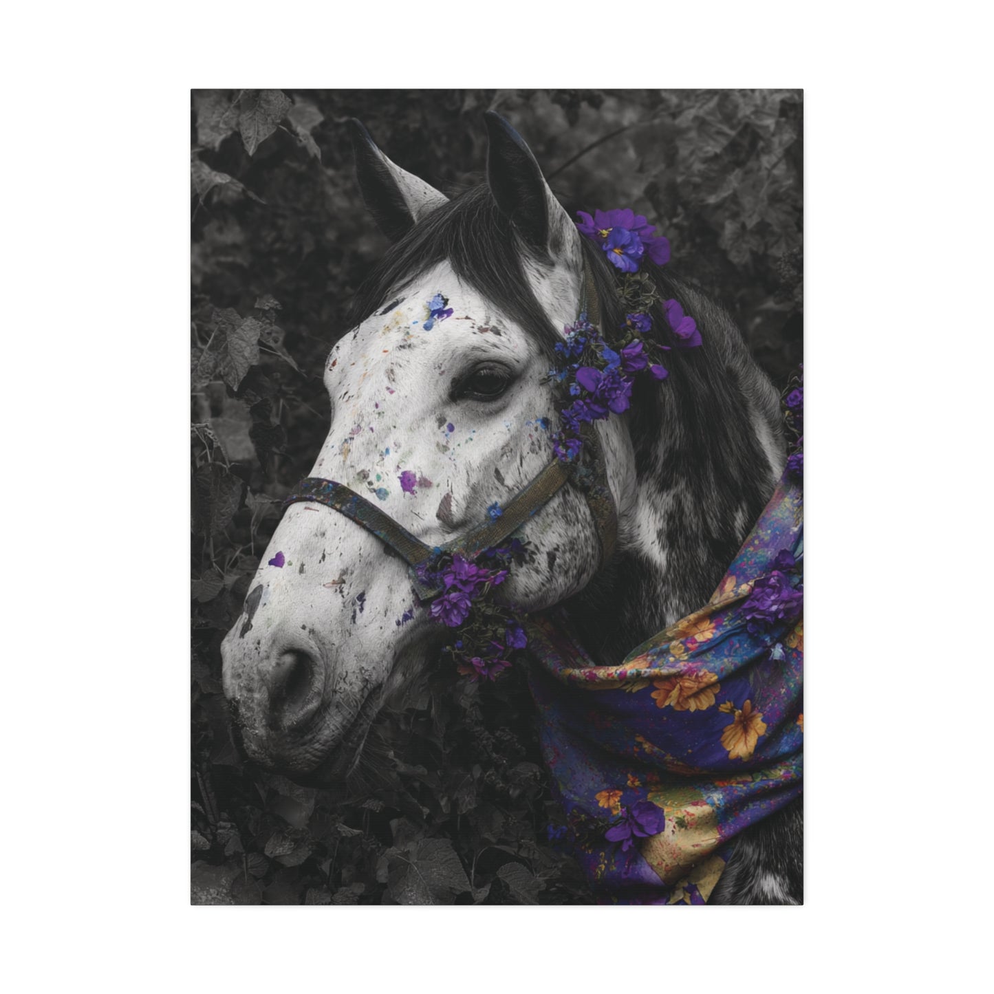 Violet Reverie – Black and White Wild Horse Canvas Art with Purple Accents