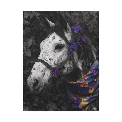 Violet Reverie – Black and White Wild Horse Canvas Art with Purple Accents