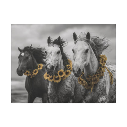 Sunflower Stallions – Black and White Wild Horse Canvas Art with Yellow Accents