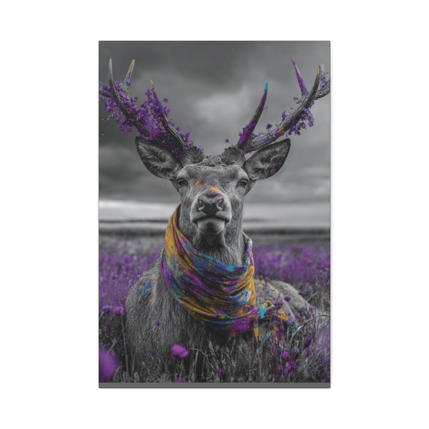 Crowned in Violet – Black & White Deer Canvas Wall Art with Purple Wildflowers & Boho Scarf | Mystical Woodland Wildlife Print | Nature-Inspired Home Decor