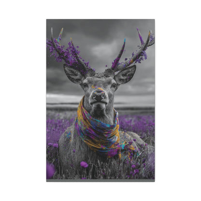 Crowned in Violet – Black & White Deer Canvas Wall Art with Purple Wildflowers & Boho Scarf | Mystical Woodland Wildlife Print | Nature-Inspired Home Decor