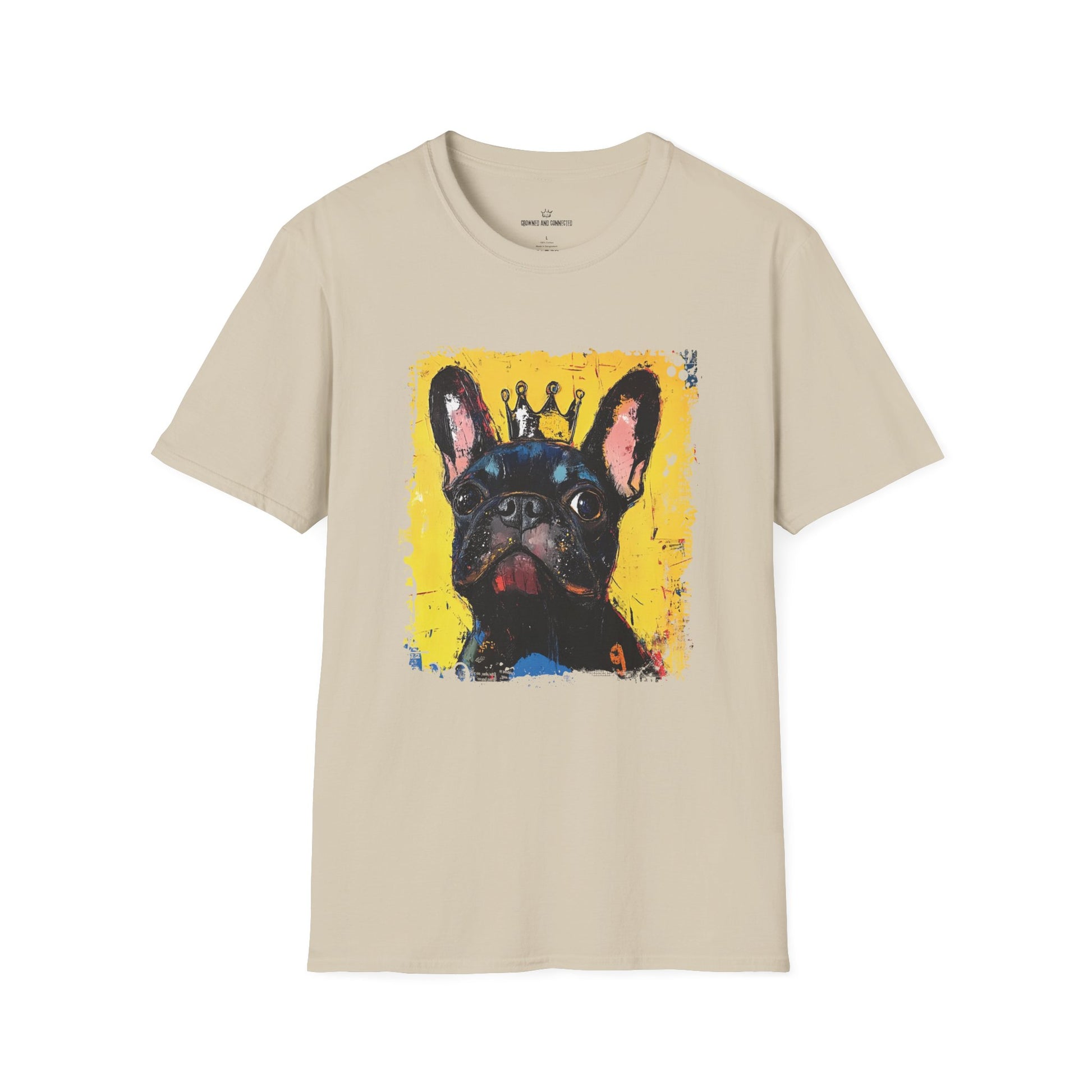 Beige t-shirt with a graphic of a French Bulldog wearing a crown on a white background