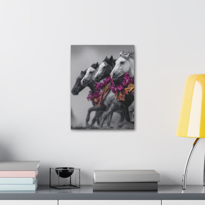 Fuchsia Fury-Running Horse Wall Art Print, Boho Floral Horse Herd Canvas, Pink Wild Horse Decor, Western Artwork