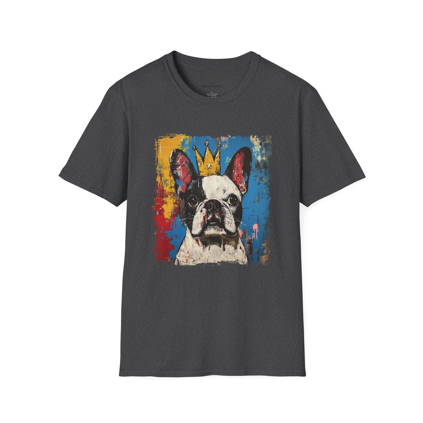 Dark gray t-shirt with a colorful French bulldog graphic and crown on a white background