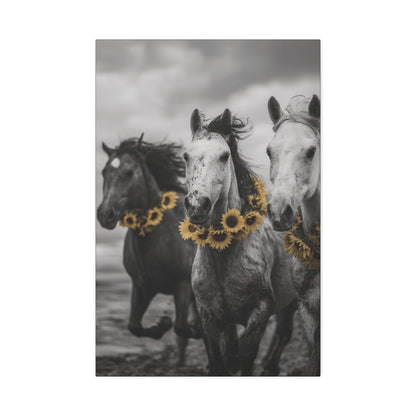 Sunflower Stallions – Black and White Wild Horse Canvas Art with Yellow Accents