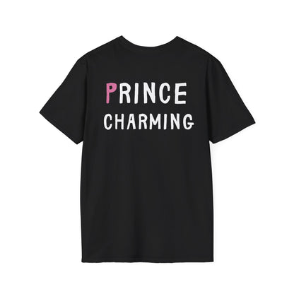 Black t-shirt with 'PRINCE CHARMING' text on a white background
