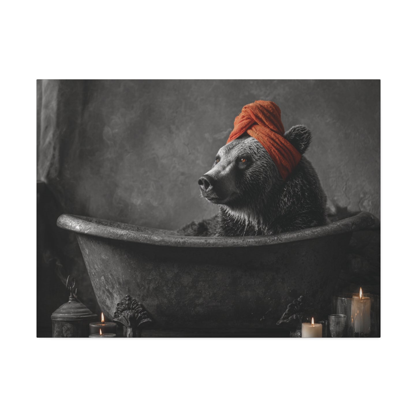 Bearly Relaxed – Spa Bear Wall Art in Rustic Tub with Orange Towel and Candles