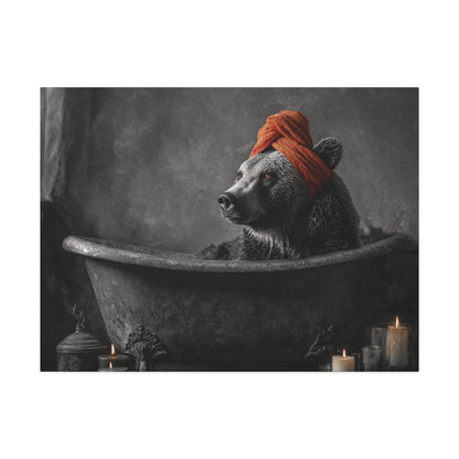 Bearly Relaxed – Spa Bear Wall Art in Rustic Tub with Orange Towel and Candles