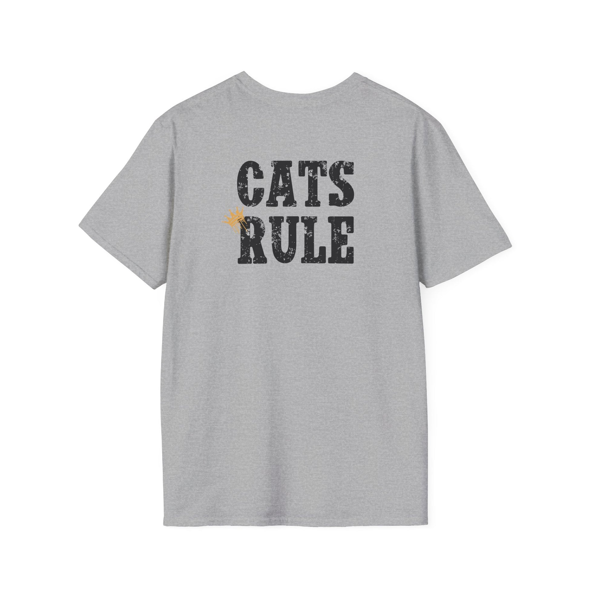 Gray t-shirt with 'Cats Rule' text on the back against a white background