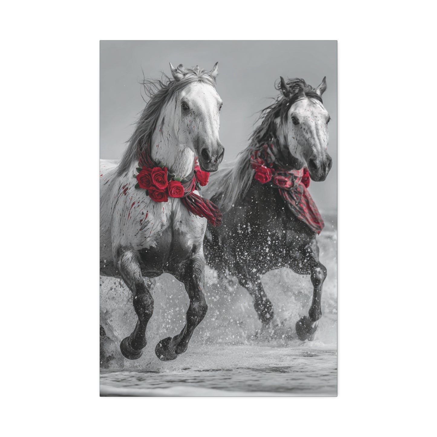 Crimson Tide Run-Running Horse Wall Art Print, Horse Pair Canvas, Floral Beach Horse Decor, Black and White Western Artwork