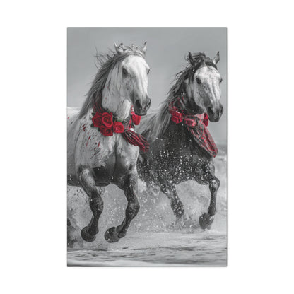 Crimson Tide Run-Running Horse Wall Art Print, Horse Pair Canvas, Floral Beach Horse Decor, Black and White Western Artwork