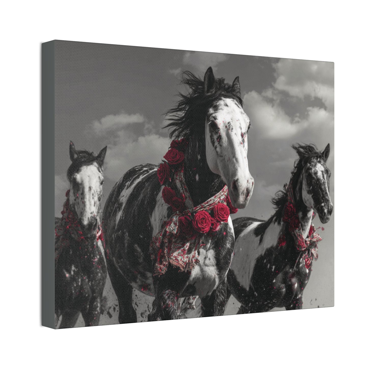 Crimson Stampede-Boho Running Horse Wall Art Print, Floral Horse Trio Canvas, Black and White Western Horse Decor