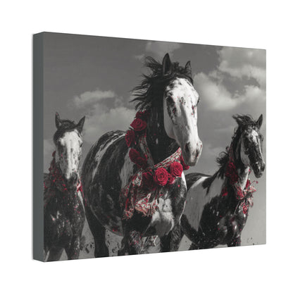 Crimson Stampede-Boho Running Horse Wall Art Print, Floral Horse Trio Canvas, Black and White Western Horse Decor