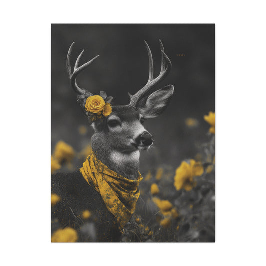 Yellow Rose of Ellijay-Boho Deer Wall Art Print, Floral Stag Canvas, Yellow Rose Woodland Decor, Rustic Wildlife Artwork