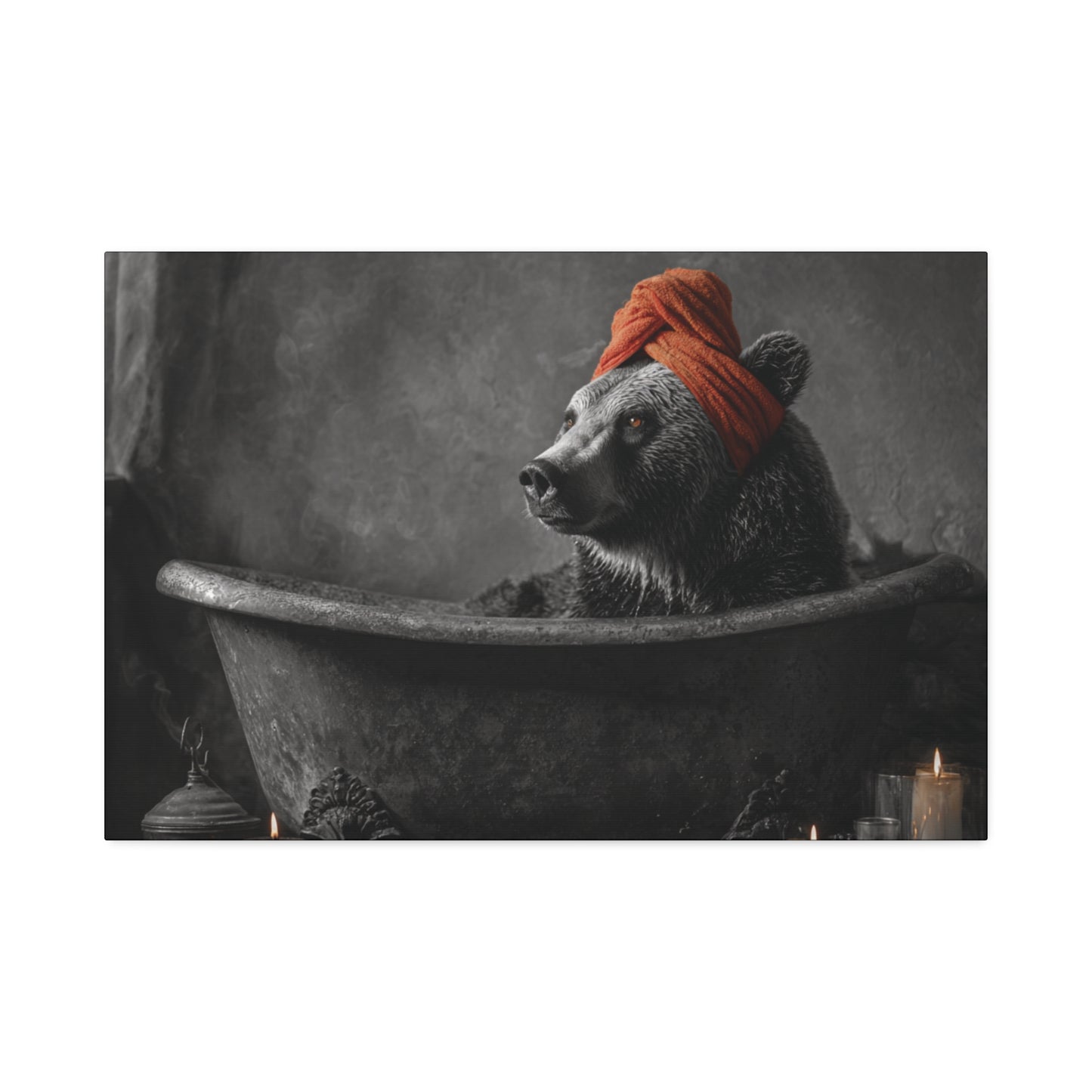 Bearly Relaxed – Spa Bear Wall Art in Rustic Tub with Orange Towel and Candles