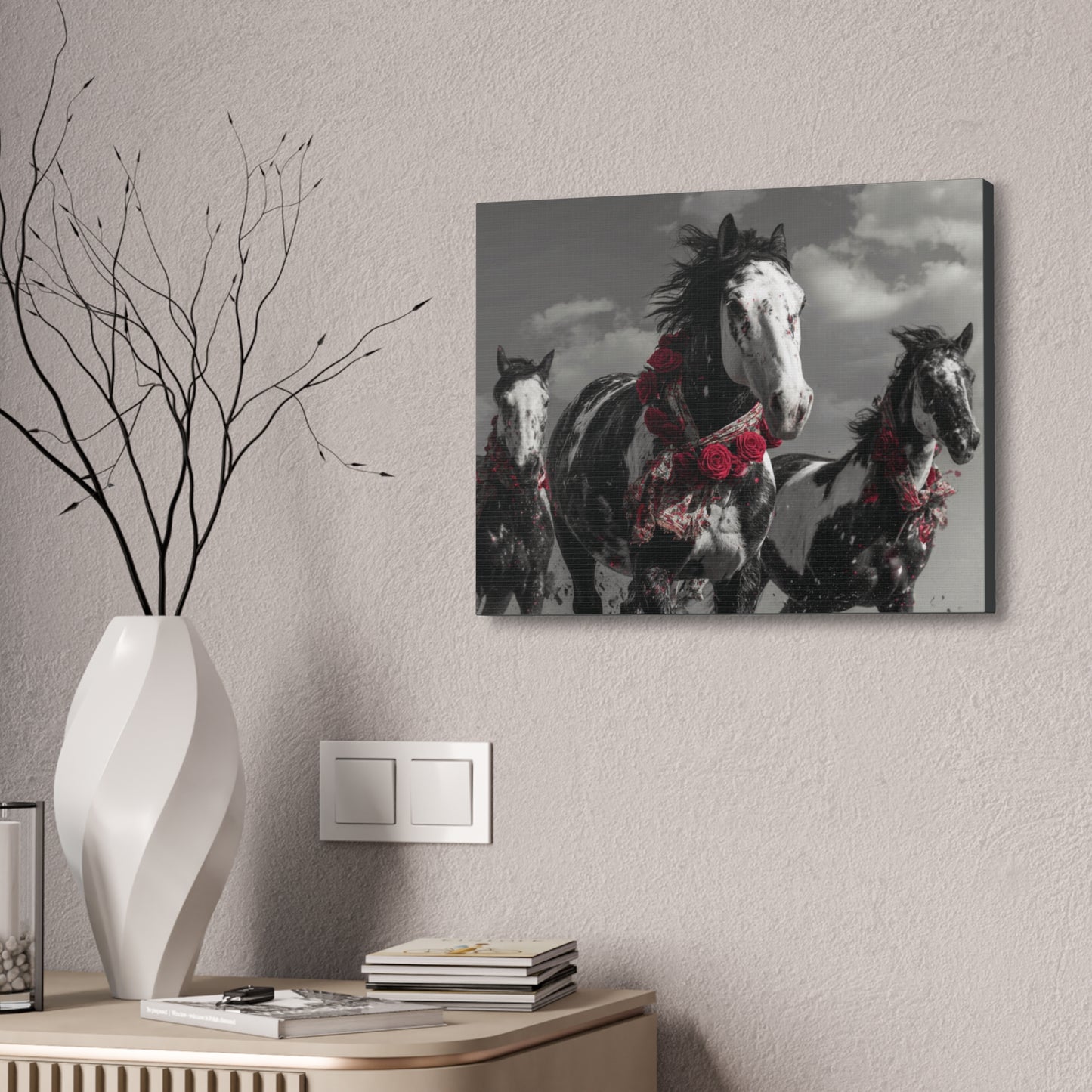 Crimson Stampede-Boho Running Horse Wall Art Print, Floral Horse Trio Canvas, Black and White Western Horse Decor