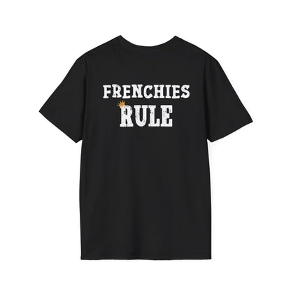 Black t-shirt with 'FRENCHIES RULE' text on a white background