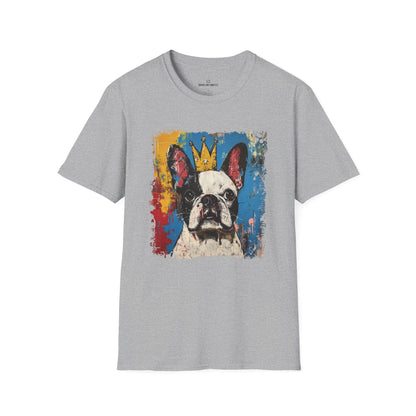 Gray t-shirt with a colorful French Bull  dog graphic on a white background.