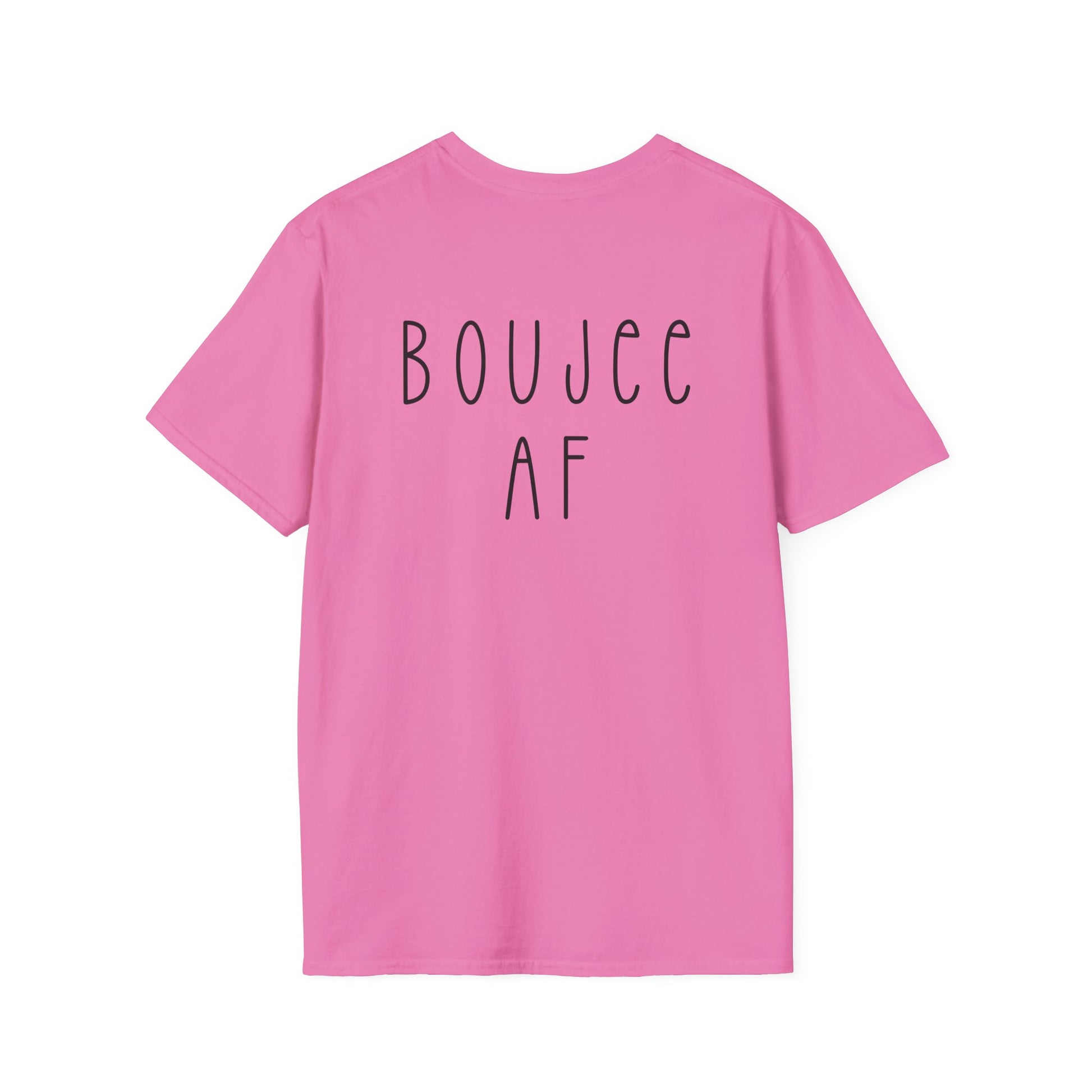 Pink t-shirt with 'BOUJEE AF' text on the back against a white background