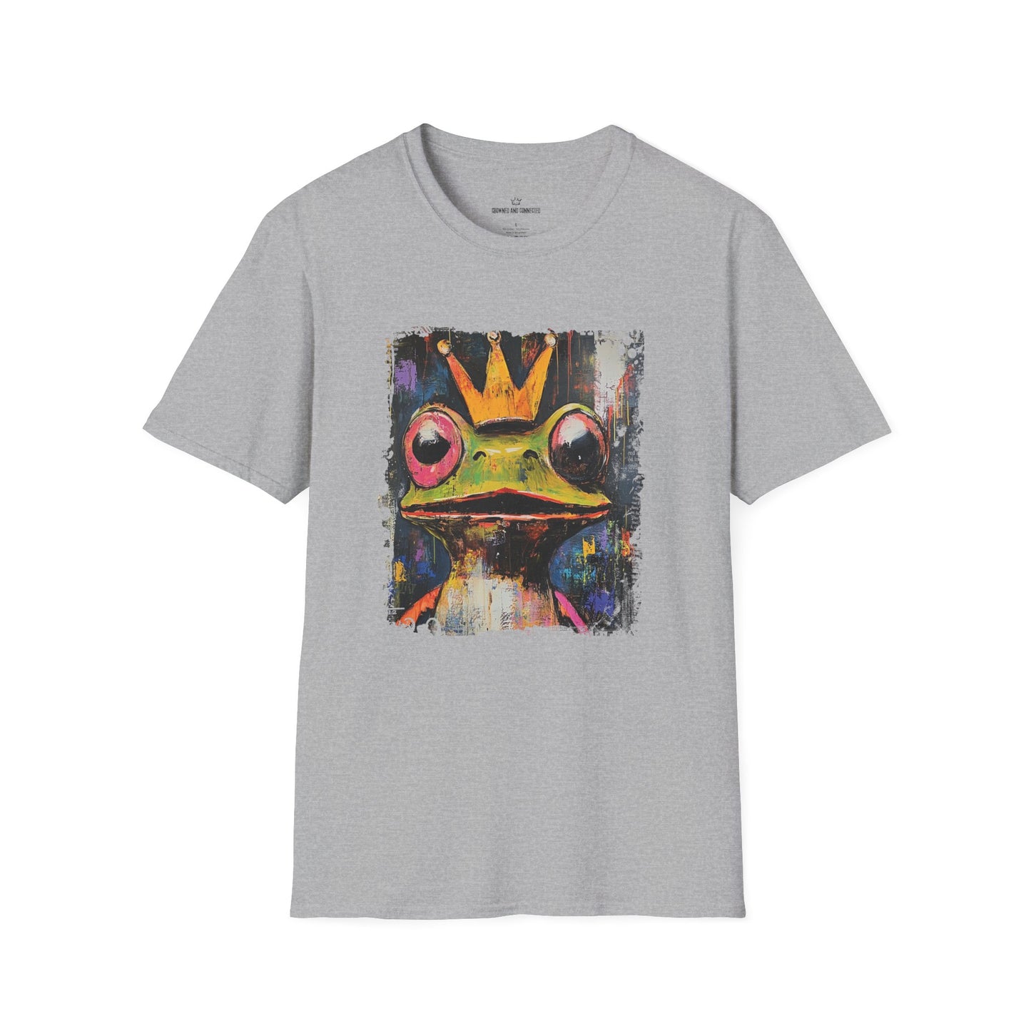 Gray t-shirt with a colorful frog graphic on a white background