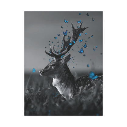 Crown of Wings | Black and White Deer Canvas Art with Blue Butterflies – Rustic Wildlife Wall Decor