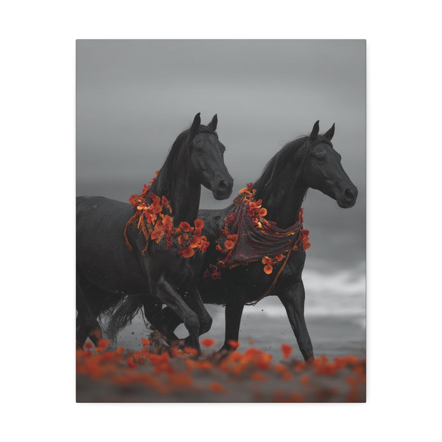Autumn Noir-Black Horse Wall Art Print, Running Horse Pair Canvas, Floral Boho Horse Decor, Western Animal Artwork