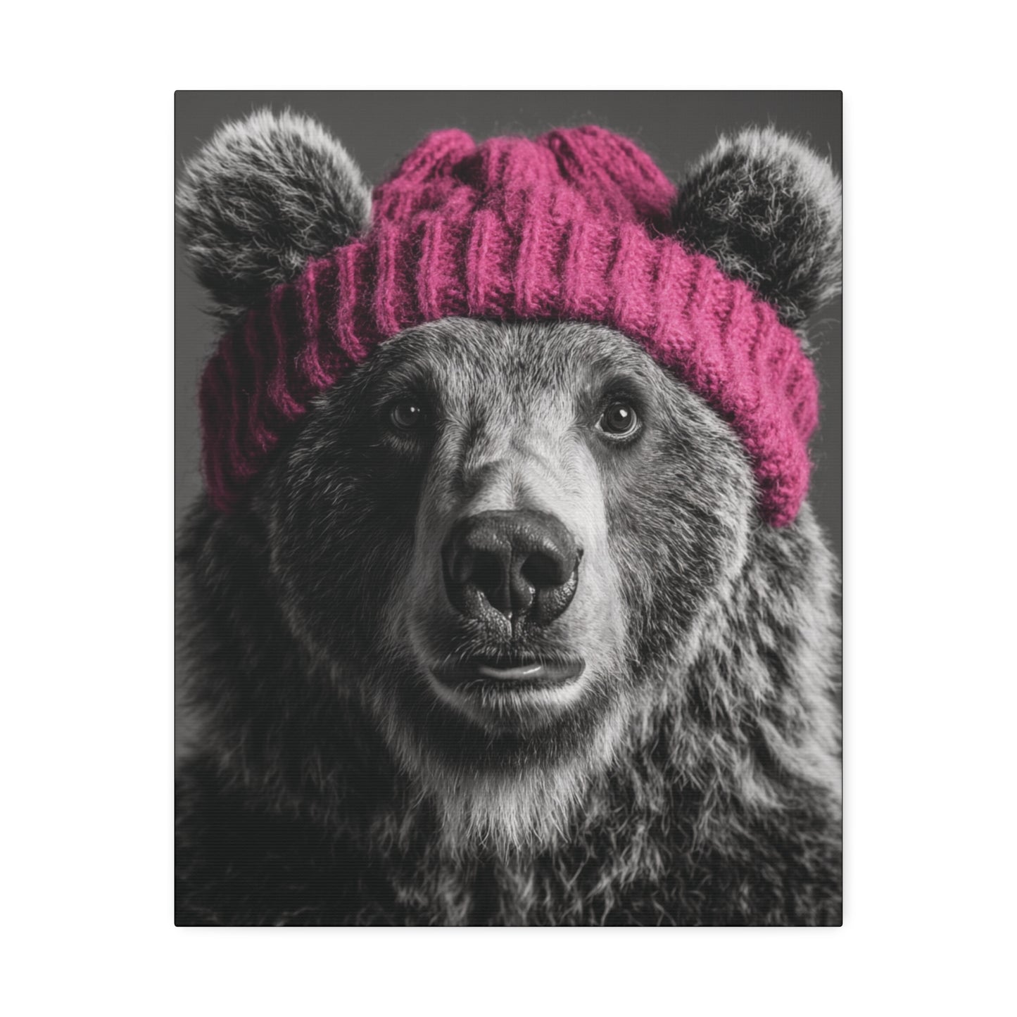 Beanie Bear-Cute Bear Wall Art Print, Bear in Pink Beanie Canvas, Woodland Animal Decor, Rustic Cabin Artwork