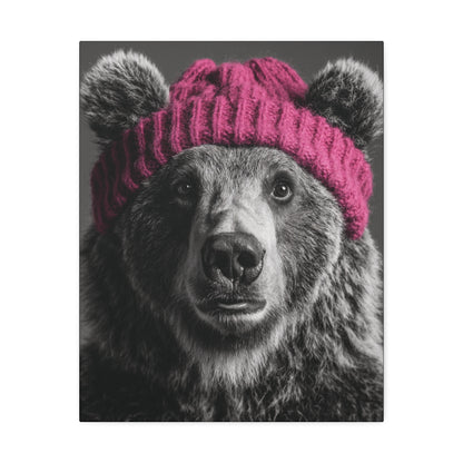 Beanie Bear-Cute Bear Wall Art Print, Bear in Pink Beanie Canvas, Woodland Animal Decor, Rustic Cabin Artwork