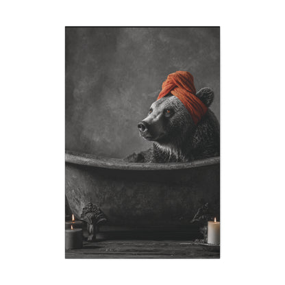 Bearly Relaxed – Spa Bear Wall Art in Rustic Tub with Orange Towel and Candles