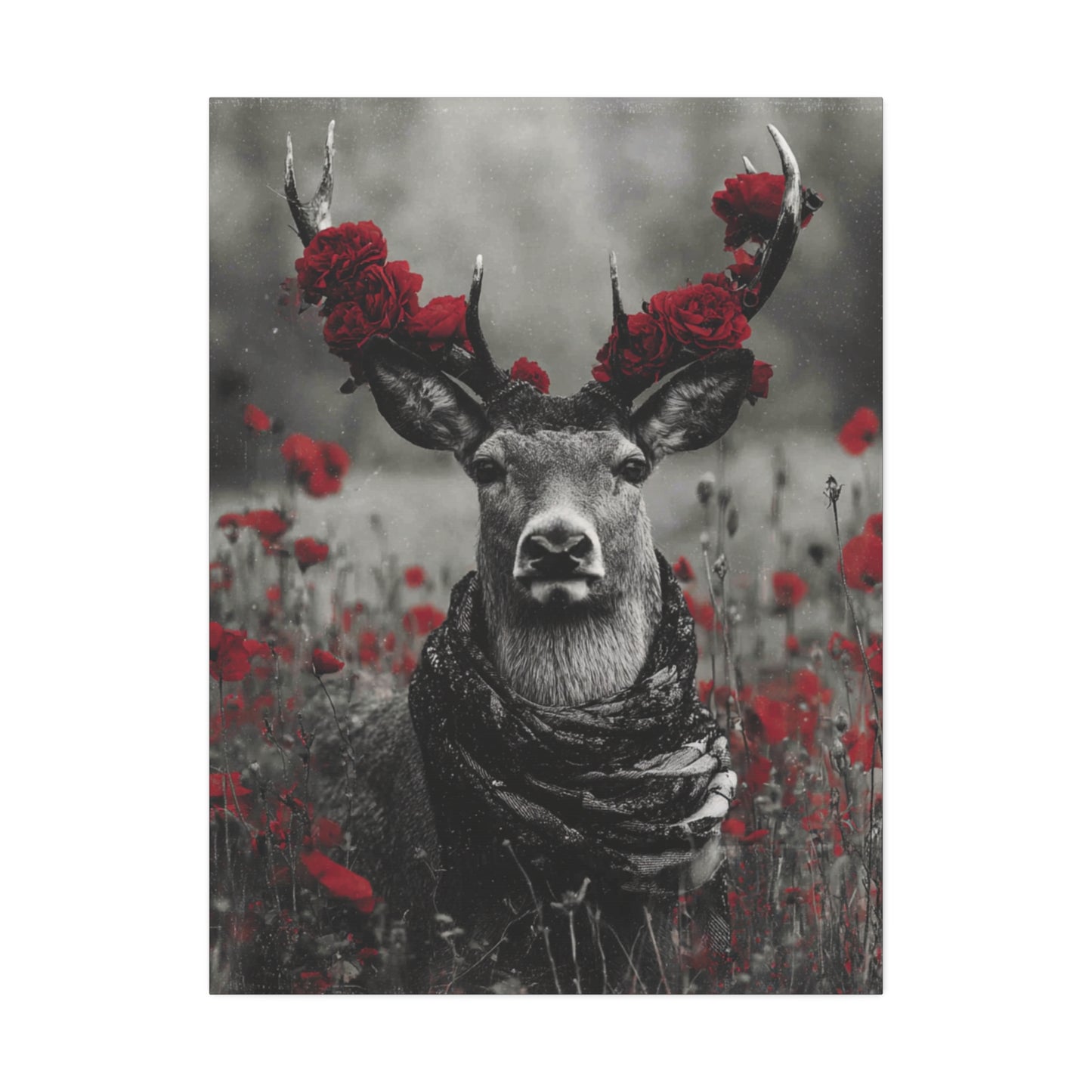Crowned in Crimson – Regal Wildlife Canvas Art with Red Floral Crown