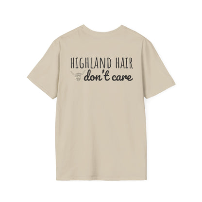 Highland Hair, Don't Care T-Shirt Highland Cow Vibrant Tee/Crowned and Connected Collection