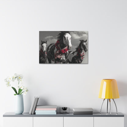 Crimson Stampede-Boho Running Horse Wall Art Print, Floral Horse Trio Canvas, Black and White Western Horse Decor