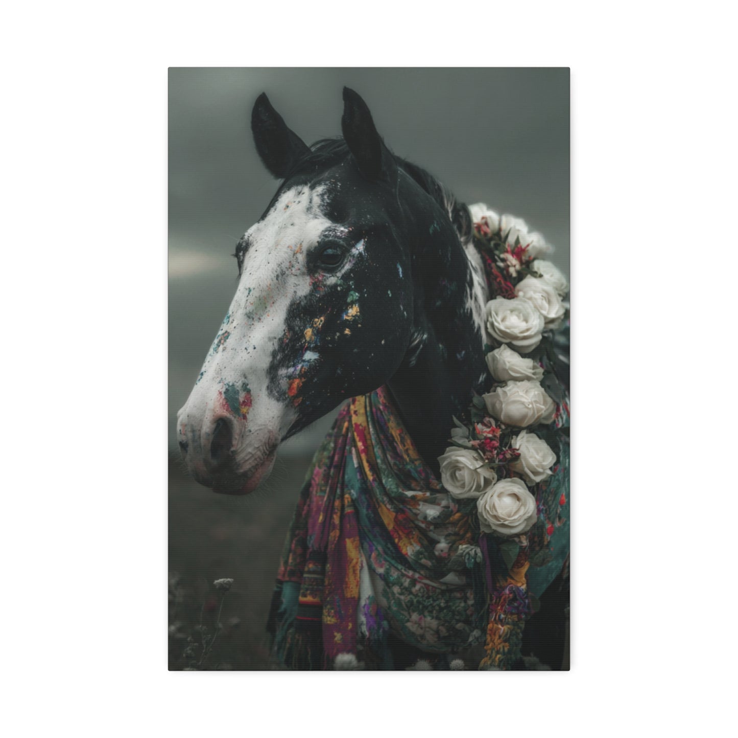 Bohemian Rhapsody- Boho Horse Wall Art Print, Black and White Floral Horse Canvas, Bohemian Rhapsody Western Decor