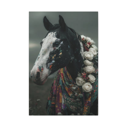 Bohemian Rhapsody- Boho Horse Wall Art Print, Black and White Floral Horse Canvas, Bohemian Rhapsody Western Decor